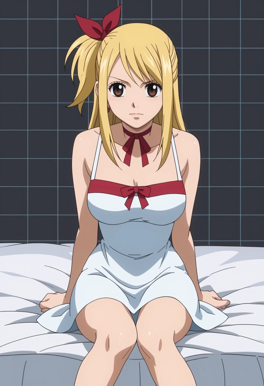 score_9, score_8_up, score_7_up, anime screencap, BREAK, 1girl, solo,   <lora:DX888Lucy:1> lucy heartfilia, brown eyes, one side up,dress, choker, red ribbon, BREAK dark gray background, simple background, grid background, Sitting on bed, legs spread, hands trailing down sides