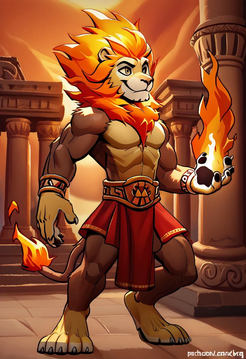 score_9_Up, score_8_up, score_7_up, source_furry, zetterburn, lion, furry, mane, brown fur, firey mane, firey hair, flame-tipped tail, loincloth, muscular, standing, solo, 1boy, smile, fire, iskrastyle, ancient greek background, palace