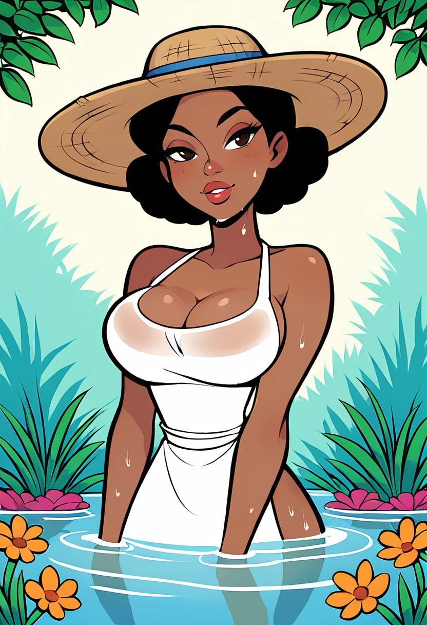 score_9, score_8_up, score_7_up, surce_6_up, <lora:Sexy_Cartoon_2AM_PDXL:0.8> sexytoon2amxl, cartoon style, flat color, 1girl, exterior, beautiful mexican young lady holding a large clay pot with flowers, farmer hat, white apron, black hair, large breasts, bare shoulders, sexy, dark skin, strong arms, partially submerged in the water, wet body, cleavage, waist-deep water,