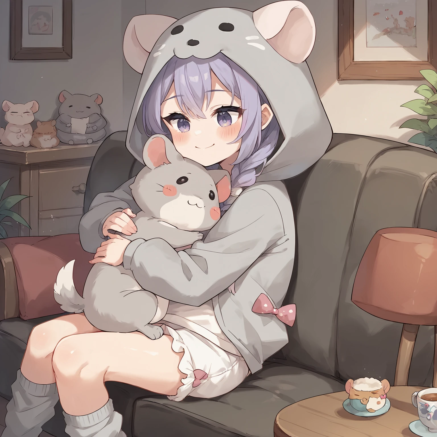 score_9, score_8_up, score_7_up
1girl, indoors, sitting, blush, indian style, on lap, chinchilla, animal, hug, smile
<lora:Hanamori-Natsumi-m4-000005:0.8>
Hanamori-Natsumi
purple hair, twin braids, grey hoodie, animal hood, white shirt, puffy shorts, white shorts, polka dot bow, grey socks