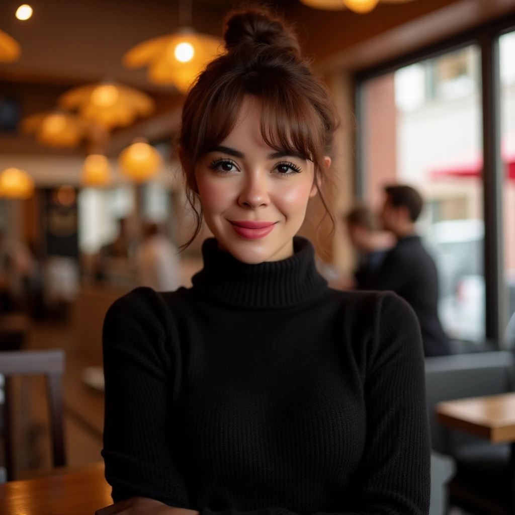 realistic 4k photo of Dannyancat wearing a black turtle neck sweater, shes standing in a cafe looking at viewer and smiling