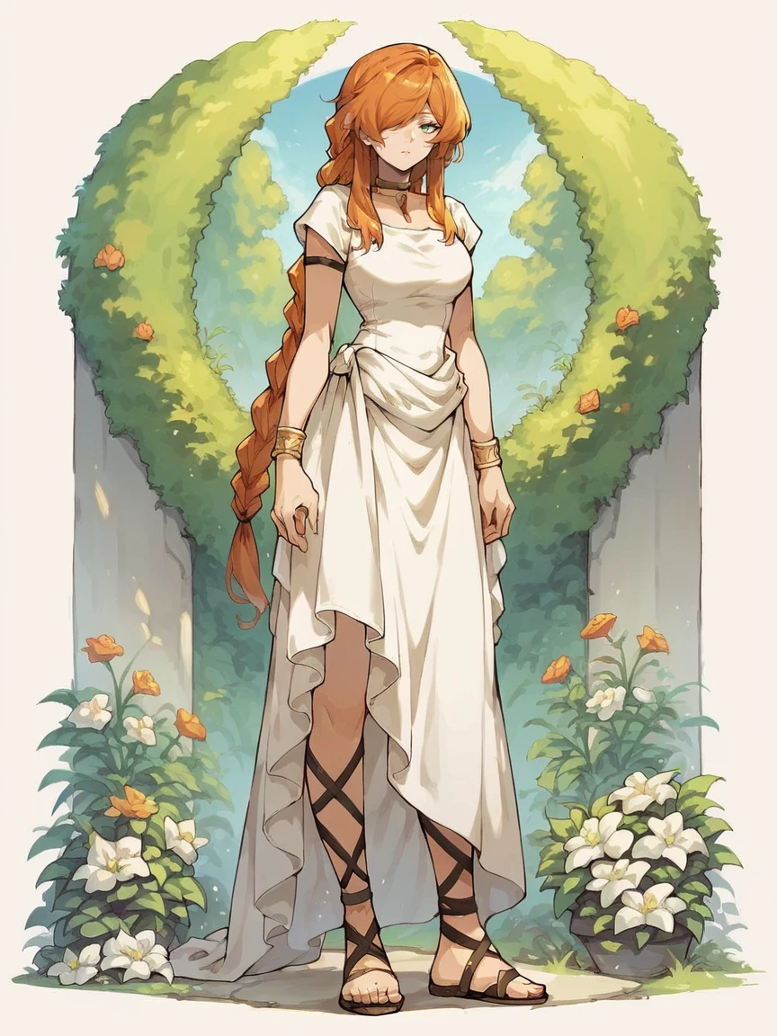 score_9, score_8_up, score_7_up, score_6_up, score_5_up, <lora:flammeXLP:0.7> flamme, 1girl, long hair, solo, braid, orange hair, hair over one eye, white dress, choker, sandals, green eyes, bracelet,