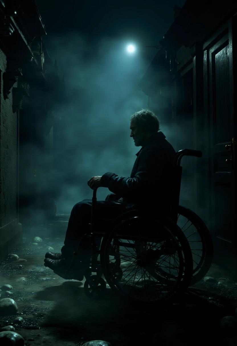 <lora:KFT_Horror_Style_FLUX:0.9>
horror theme, dark, 
 an elderly man in a wheelchair