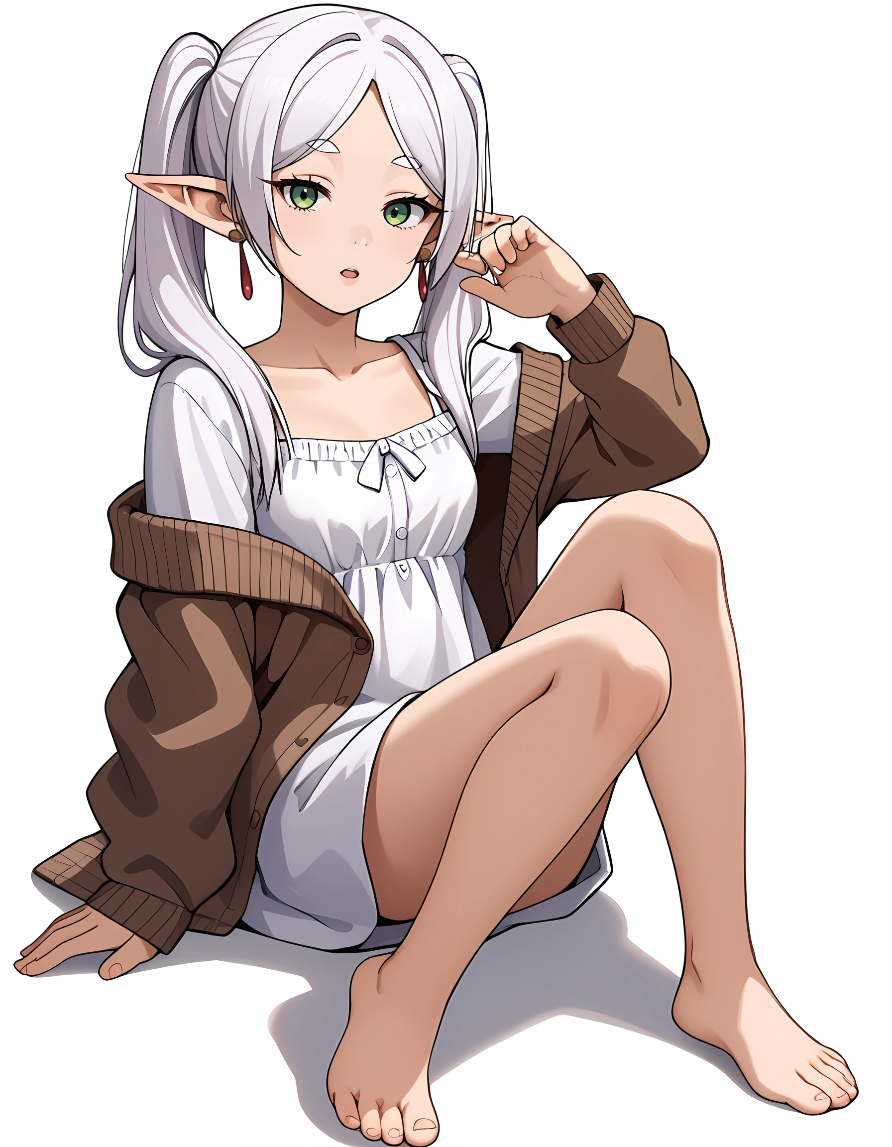 <lora:Frieren:1>, fr1eren, 1girl, open mouth, barefoot, white background, simple background, looking at viewer, jewelry, sitting, drop earrings, bare legs, white dress, toes, feet, full body, collarbone, hair down, short sleeves, puffy sleeves, brown cardigan, off shoulder, long sleeves, :o, small breasts, open cardigan, parted lips, toenails, brown jacket, alternate costume