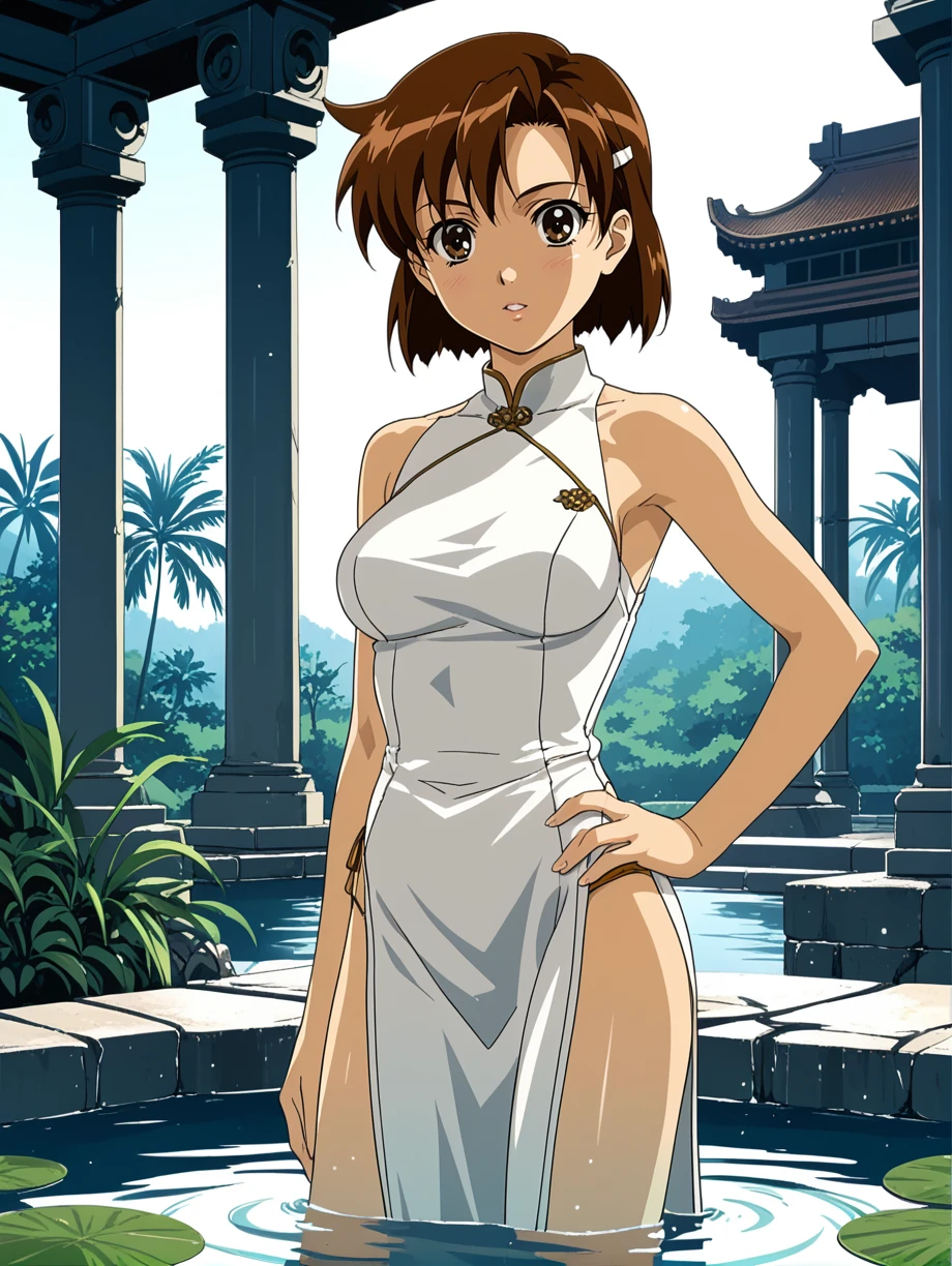 score_9, score_8_up, score_7_up, 
 <lora:Kojima_Kirie_Girls_Bravo:1>kojima_kirie, brown hair, short hair, brown eyes, 1girl, solo,
legs in water, looking at viewer, stone platform, temple, pond, sunlight, morning, diffused sunlight, fountains,
silk white dress, pelvic curtain, 
standing, hand on hip, 
tropical, outdoors,