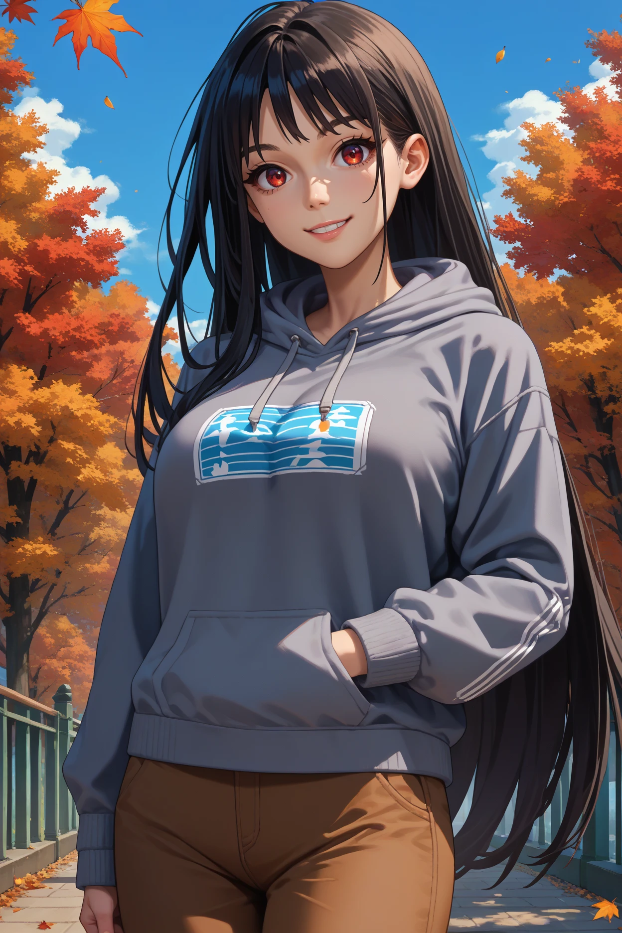 score_9, score_8_up, score_7_up, score_6_up, source_anime, 1girl, solo,  <lora:clairekagenou-pdxl-nvwls-v1-000005:1> kagenouclaire, black hair, long hair, red eyes, big breasts, grey hoodie, brown pants, autumn, blue sky, smile, looking at you