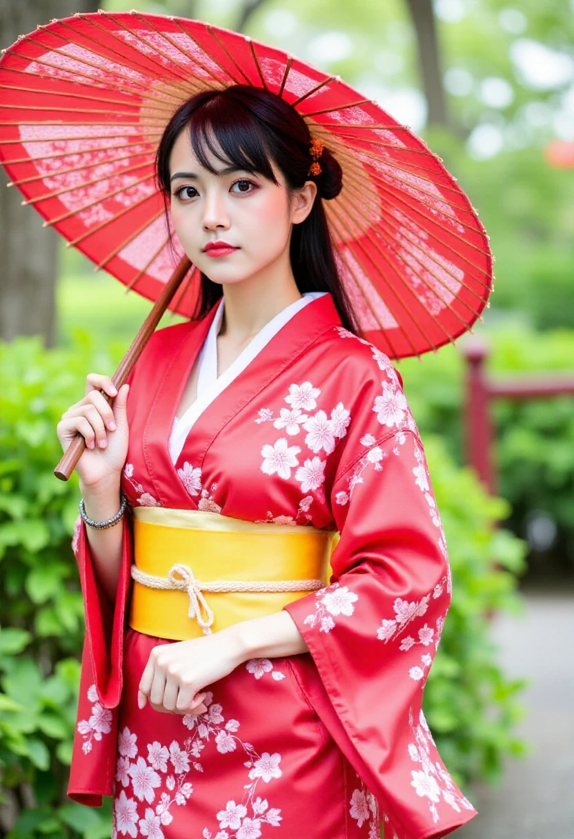 ((Zhan Yihung:1.9)),
A high-resolution photograph of a young woman standing outdoors in a serene, lush garden setting. She is holding a vibrant red parasol with intricate white floral patterns, which she uses to shade herself from the sun. She is dressed in a traditional Japanese kimono, featuring a rich red base with white floral patterns, including cherry blossoms and leaves. The kimono is cinched at the waist with a wide, yellow obi sash, adding a touch of elegance and traditional Japanese style. APW_Flux, Pleasant:Asian, Kimono_&_Robe, Kimono. Robe
<lora:Zhan_Yihung_v2:1.9>,<lora:cosplay_flux_V1:1>,