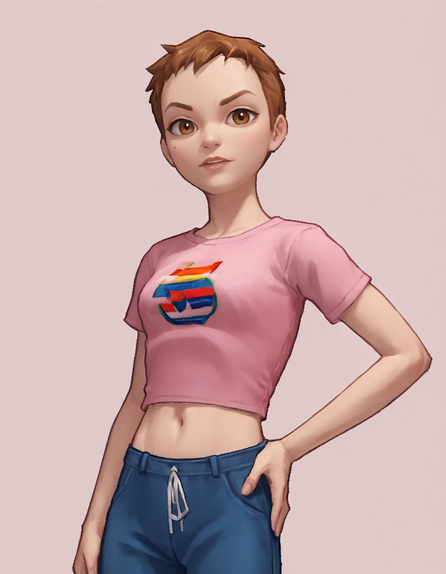 <lora:IonePony1.00:1>Ione, 1girl, solo, brown hair, short hair, midriff, navel, pink shirt, print shirt, simple background, brown eyes, standing,pants,  score_9, score_8_up, score_7_up, score_6_up, score_5_up, score_4_up, score_9, score_8_up, score_7_up, score_6_up, score_5_up, score_4_up, looking at viewer,hand on hip, cowboy shot