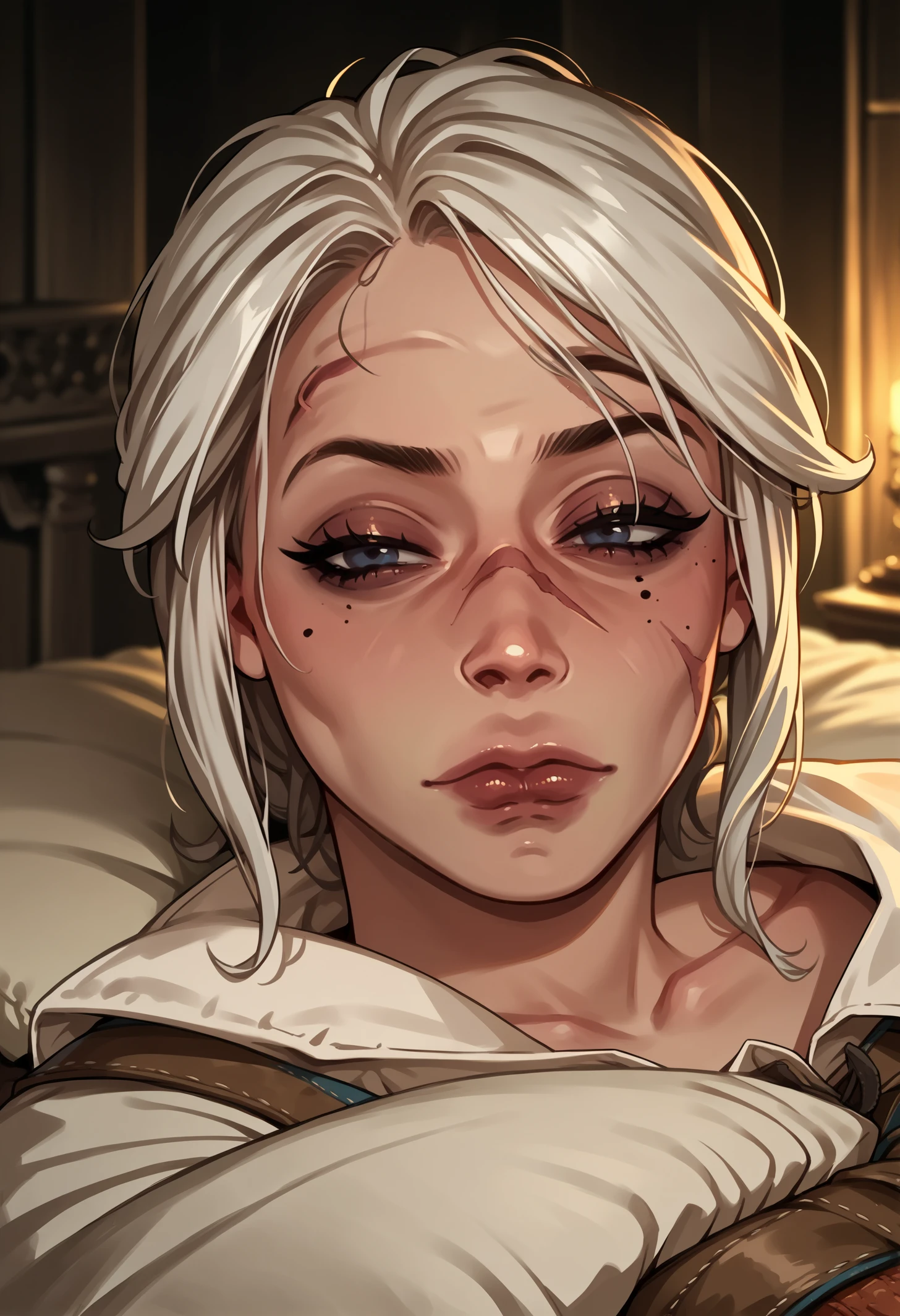 score_9, score_8_up,score_7_up, source_anime, 1girl, solo, lmwkp, half-closed eyes, pillow, on back, lying, on bed, 
upper body,
ciri, the_witcher_3, white hair , scar on face,
<lora:lmwkp_pdxl_EliPot:1>