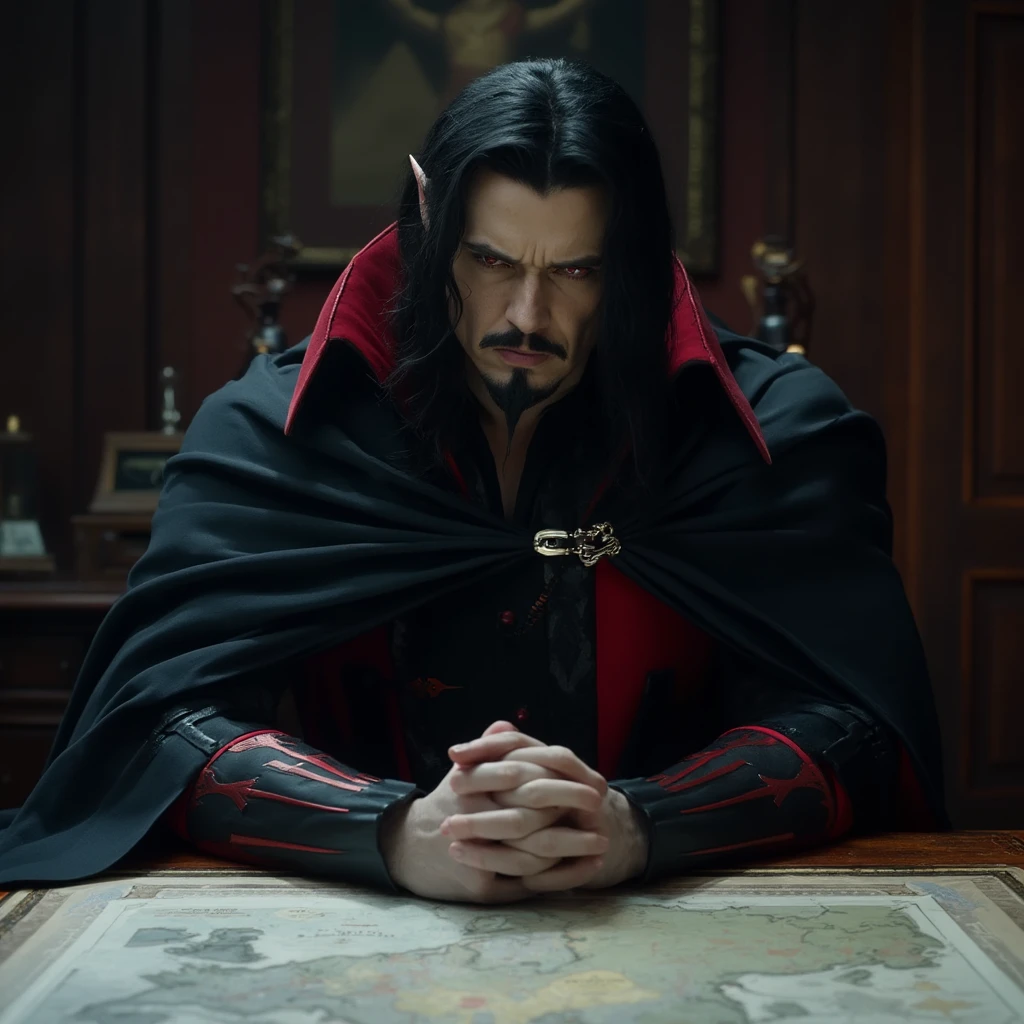 - Dracula sits at his grand desk, brooding over a map of Europe with war plans scattered around him.  <lora:dracula_v2:1.3>  film scene from Denis Villeneuve. Cinematography. Moody atmosphere.  Dracula is seen with his long black hair cascading around his pointed ears, his red eyes and groomed mustache and pointed goatee contrast his pale skin. He is wearing a smooth black cloak with a metal clasp with a chain.  The tall, blood-red angular  turned down collar of his cloak stands prominently around his neck, providing a sharp contrast to the dark, flowing fabric of his attire.  On his forearms he wears black bracers with red accents. He wears a red sash around his waist. Beneath the cloak, glimpses of red patterns on his dark outfit are just visible, complementing the overall color scheme.  <lora:flux_realism_lora:1>