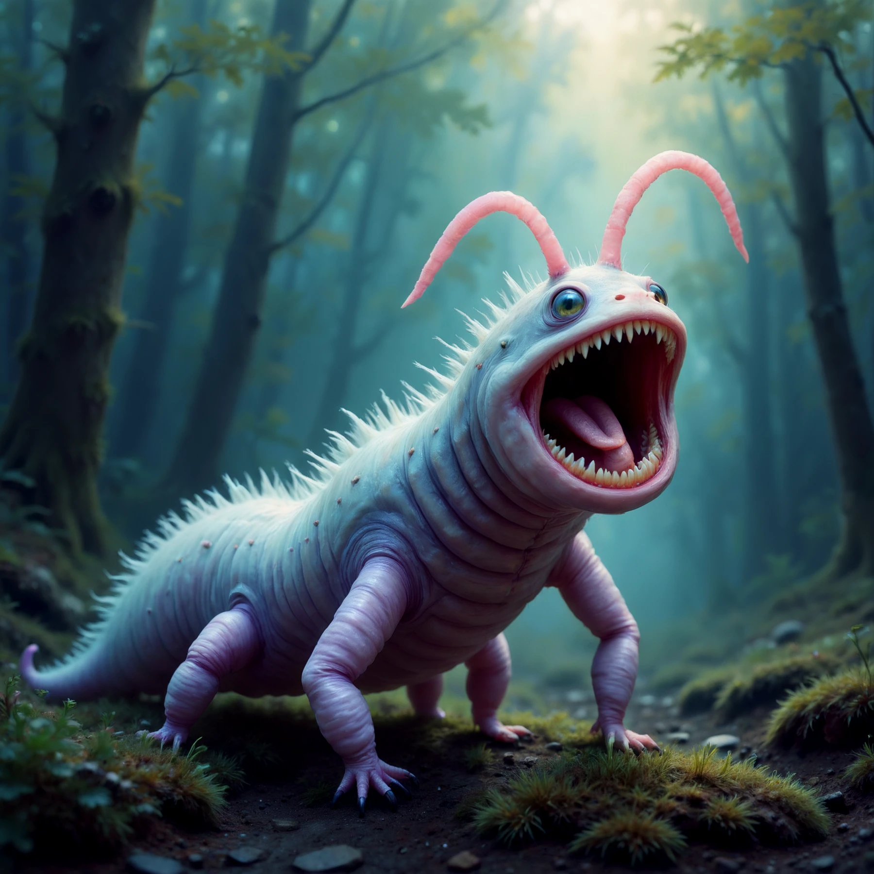 A pale luminous pastel creature, with grey hues, like a segmented worm, standing high on its legs with a wide open mouth. Antennae protrude from its head. 

It looks like something out of Alice's Adventures in Wonderland.

<lora:FantasyPastel01-04_CE_SDXL_64x32x180x2bOT:1>
FntsyPstlCE style