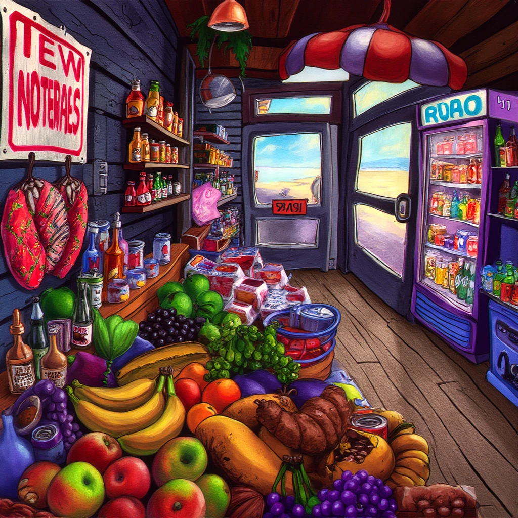 The PIVIG image style. This is a vibrant, highly detailed digital drawing of a colorful, cluttered convenience store. The store is filled with a variety of products and displays. The floor is a mix of dark and light brown colors, with a prominent pile of fresh produce in the foreground: bananas, apples, and a variety of fruits including oranges and grapes. 

On the left side, shelves are stocked with canned goods, condiments, and snacks. Above, a sign in bold red and white letters. The store has a rustic, old-fashioned feel with wooden shelves and a mix of modern and vintage products.

The back wall features a large glass door with a sign reading "EXIT" and a small window, through which a glimpse of a beach and the sea is visible, suggesting the store is near a coastal area. Above the door, a red and white striped awning is visible.

To the right, a cooler stocked with drinks and snacks. Shelves hold various beverages, including soda bottles, and a shelf below holds a variety of canned goods and a sign in pink letters.