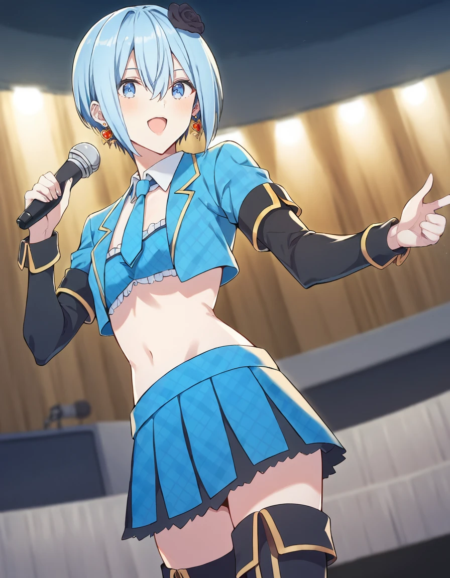 score_9, score_8_up, score_7_up, source_anime, BREAK
1girl, solo, looking at viewer, blurry background, dutch angle, on stage, stage lights, small breasts, crowd, dark, singing, holding microphone, open mouth, 
coulia nokiel, short hair, blue hair, hair between eyes, blue eyes
coulia outfit 1, hair flower, earrings, white collared shirt, crop top, blue necktie, checkered clothes, blue jacket, open jacket, layered sleeves, short over long sleeves, midriff, gold trim, blue pleated skirt, black thigh boots,
<lora:noa_anime_v2-soralz:1>