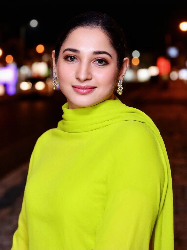 headshot photo of tamannah bhatia woman, glamor photo, smiling,studio quality, Lime Abaya Style Suit, canon 5D, night time city bokeh<lora:TestBed\Tamannah_Bhatia_Flux_Kohya_V1.safetensors:1.0:1.0>