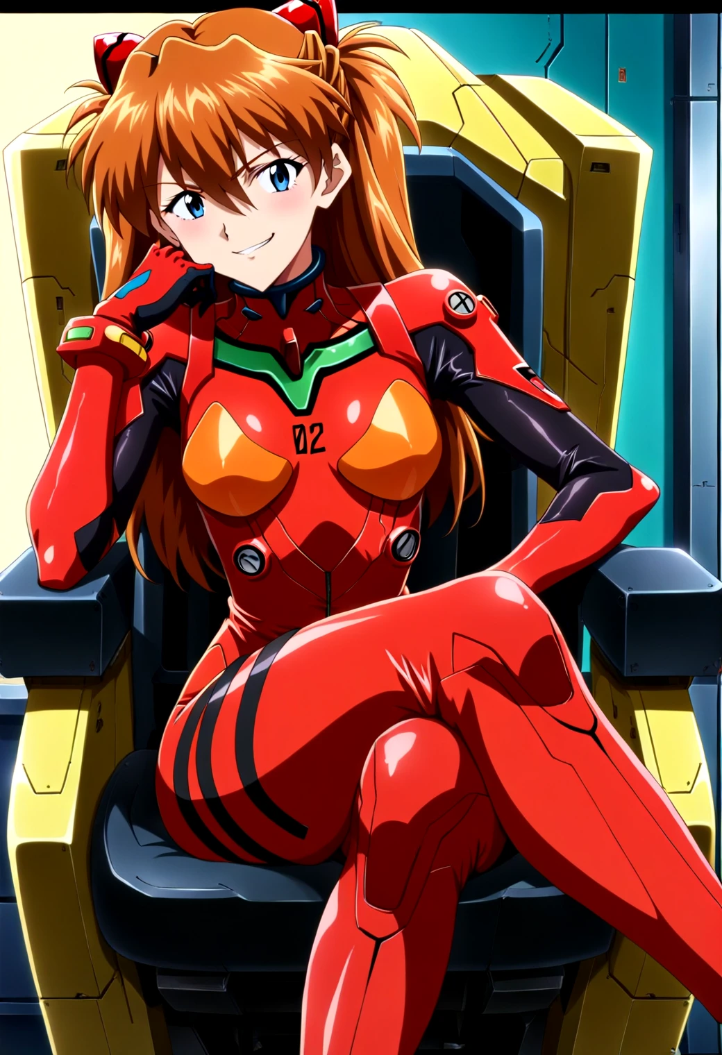 (2d, anime screencap:1.2), masterpiece, best quality, high quality, asuka langley sitting on a chair, (crossed legs:1.2), smirk, pilot suit, red bodysuit