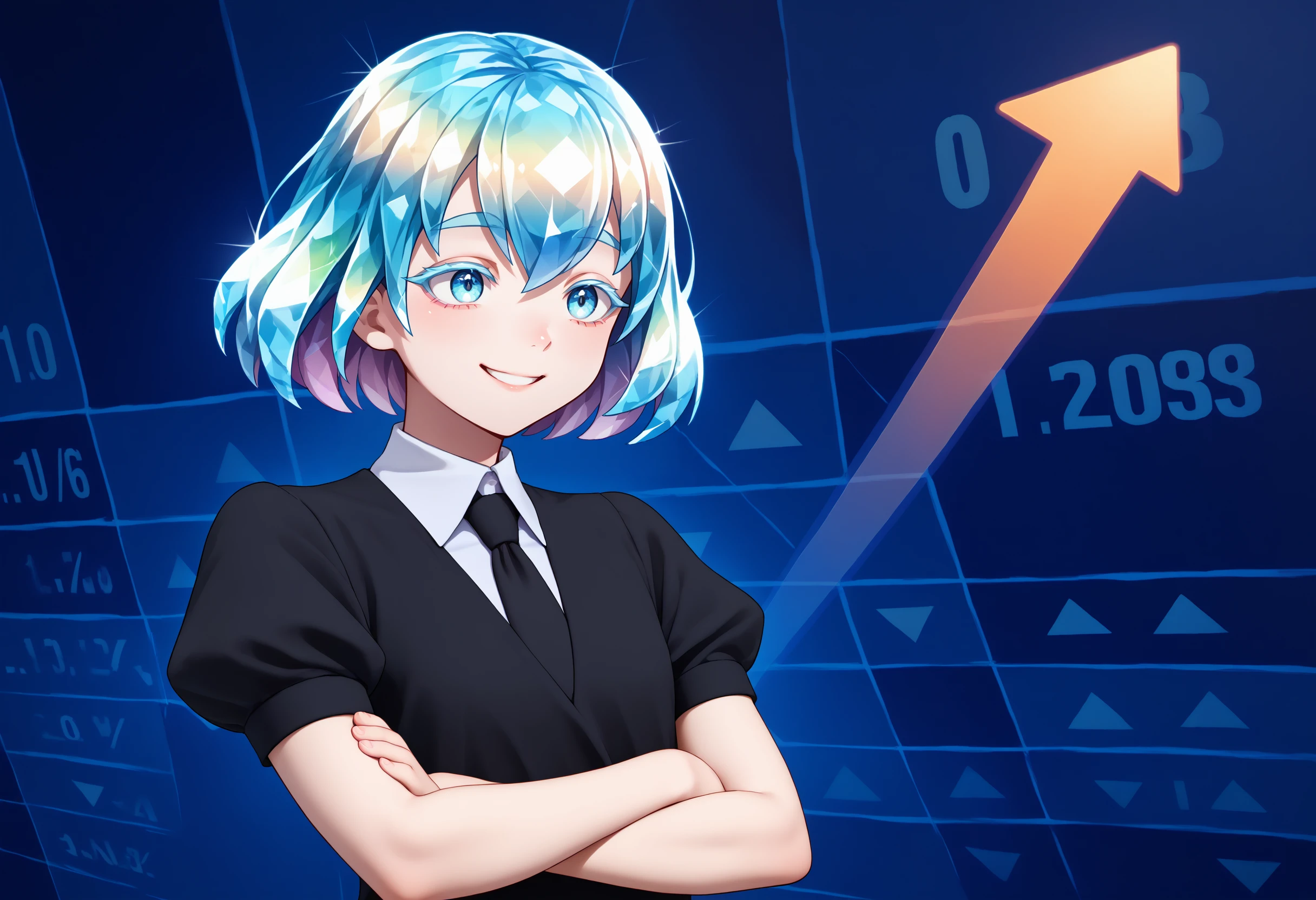 score_9, score_8_up, score_7_up, 1girl, stonks, arrow (symbol), crossed arms, formal, smile, upper body, blue background, <lora:StonksMeme_pdxl_Incrs_v1:1.2>,  <lora:Hoseki_HousekiNoKuni_Diamond_PDXL_v1:0.8> hskdmnd, white skin, crystal hair, colored eyelashes, multicolored hair, short hair, black shirt, puffy short sleeves, collared shirt, black necktie,