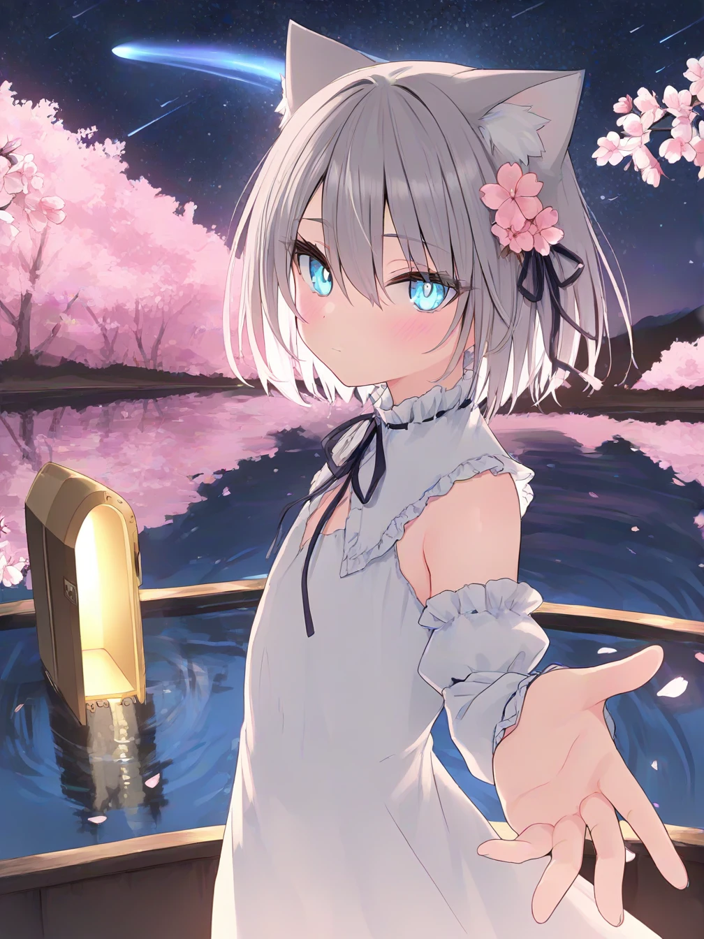 1girl,solo,cherry blossoms,hair flower,pink flower,hair ribbon,cat ears,animal ear fluff,grey hair,short hair,bangs,blue eyes,hair between eyes,eyebrows visible through hair,blush,closed mouth,neck ribbon,white dress,crease,frilled_collar,detached_sleeves,flat chest,long dress,
looking at viewer,standing on lake,outstretched hand,
glass-like lake,star \(sky\),starry sky,night sky,lake,glowing,meteor,
from side,upper body,close up,masterpiece,best quality,absurdres,newest,safe,
<lora:ill-xl-01-rurudo_1-000030:1>,