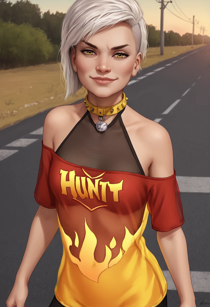 <lora:QuinnPXL:1> quinnPXL, score_9, realistic, Flaming bodysuit, yellow studded collar, off shoulder, short clothes, halter, see-through clothes, short sleeves, Sophisticated clothes, road, circle name, smug