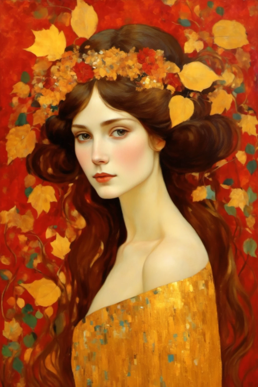 klimt style,1 girl,long and straight hair,autumn leaves solo,art work painting,gold style,flowers masterpiece,red background and gold, high resolution,