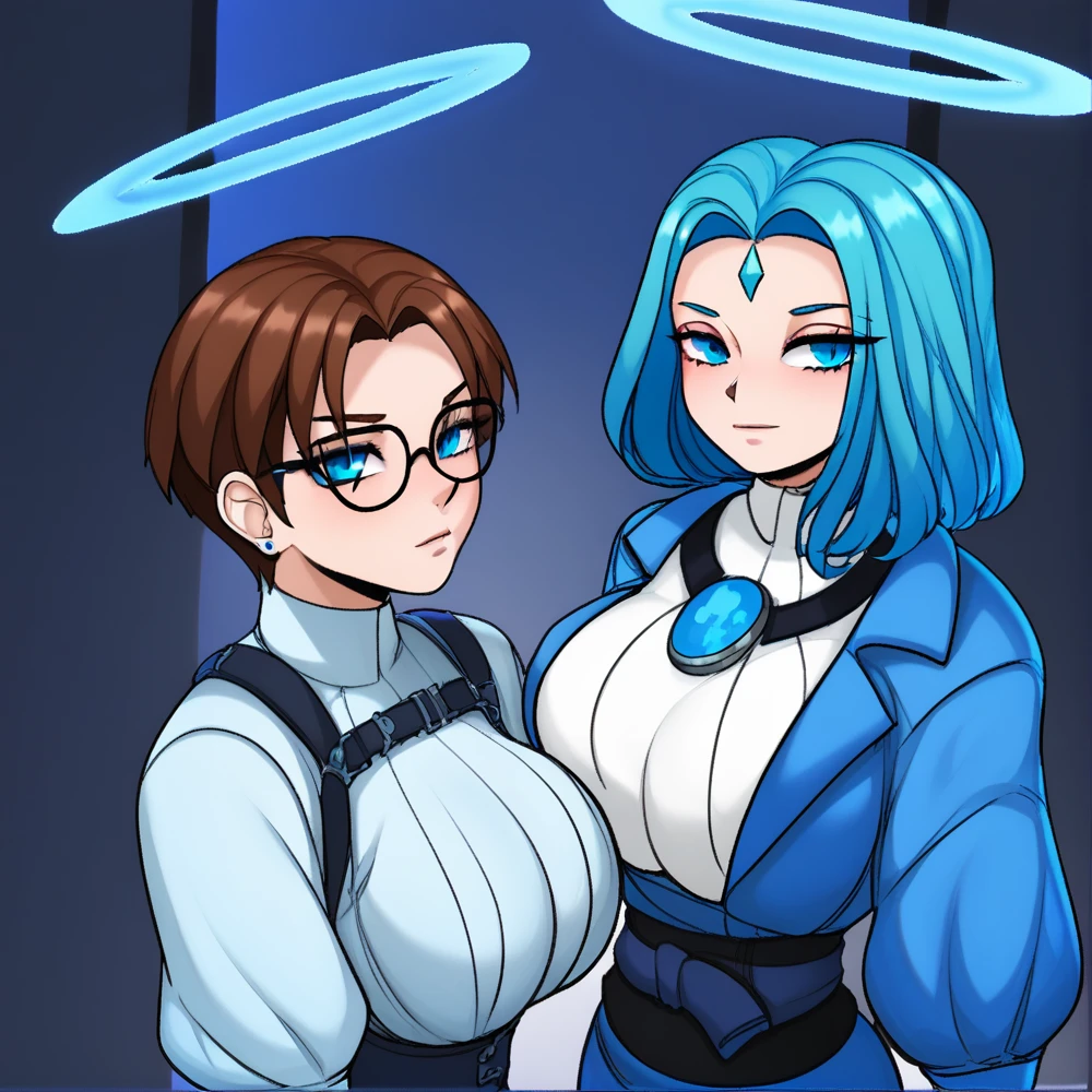 a cartoon picture of Saint Hedvig Nussbaum with big breasts and halo and long blue hair with rebecca chambers with short brown hair without a halo, blue puff jacket, a detailed drawing, at night, a detailed drawing, <lora:JMG style PonyXL:1>, big breasts
<lora:Saint_Hedvig_Nussbaum:1>,<lora:Rebecca:1>, score_9, score_8_up, score_7_up, score_6_up,source, blue eyes, curvy, seductive face, 2girls, (bedroom at night),standing, glasses,