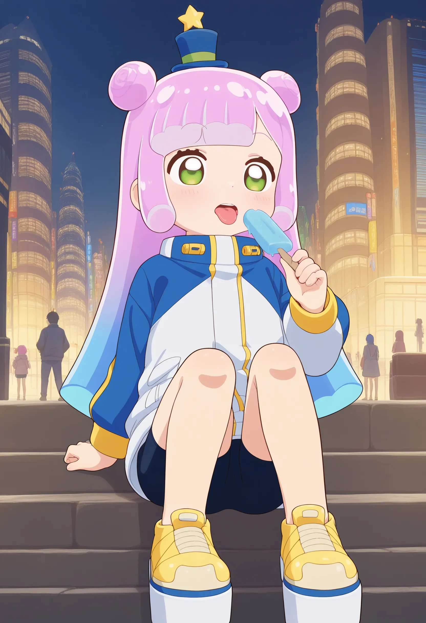 1girl, puniru \(puniru wa kawaii slime\), pink hair, blue hair, multicolored hair, double bun, long hair, green eyes, mini hat, jacket, black bike shorts, yellow shoes, platform footwear, 
close up, open mouth, tongue out, licking popsicle, Pensive, Eyes focused inward, brow furrowed, and lips pursed., solo, solo focus, outdoors, city, 
masterpiece, best quality, absurdres, unity 8k wallpaper, official art, official style, source_anime, uncensored, anime screencap, anime coloring, (ai-generated:0.6) <lora:PKS-puniru_XL(ill)v10:1>