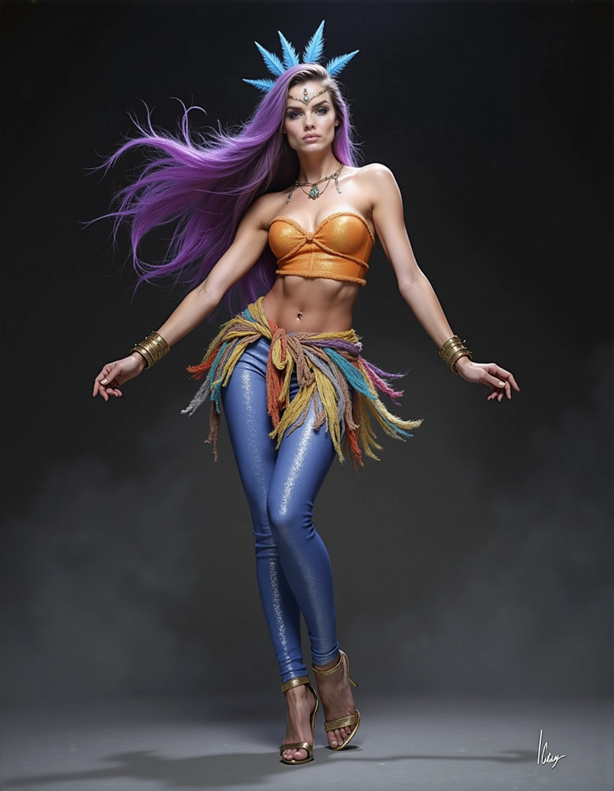 This is a vibrant digital painting of a confident, d4lmakar  woman with long, flowing purple hair. She wears an orange and gold strapless top, blue and gold leggings, and a shimmering, multi-colored skirt. She accessorizes with a blue feathered headpiece and gold jewelry. The background is dark with subtle gradients. She is in a dynamic pose, mid-dance, with her arms extended and legs elegantly positioned, exuding grace and power.<lora:dalmakar:1>  <lora:ahx_flux_lora_v1:0.3>