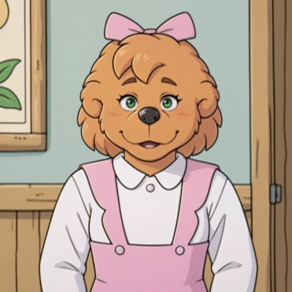 score_9, score_8_up, score_7_up, score_6_up, score_5_up, score_4_up, source_cartoon, sisterbear,  anthro, female, bear, brown fur,  pink overalls, long sleeves, shirt, white shirt, bow, pink bow, hair bow, 1girl, solo, , <lora:fcbf2c47-d99d-4d6d-8c5a-b1a285bc484b:0.7>