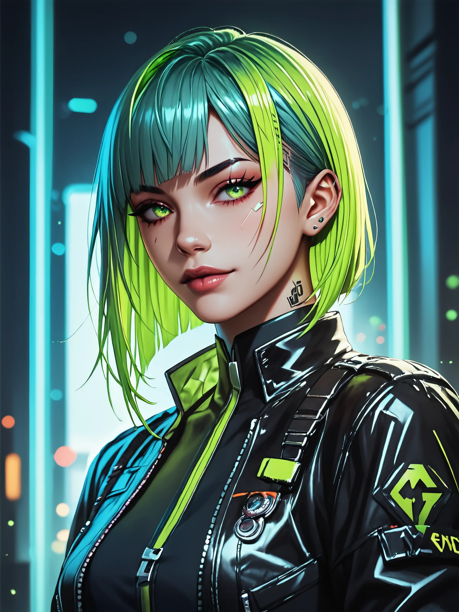 score_8_up, score_7_up, 1girl, bangs haircut, green haircut,  intricate futuristic black jacket and colored clothes, original pose, expressive face,  detailed face, detailed fabrics, detailed hair, perfect contrasts, vibrant color, flat colors, vivid lights, keep details in highlights,  keep details in shadows, <lora:Female-portrait-Illustration_ponyXL_LOREVER:0.8> femillustration