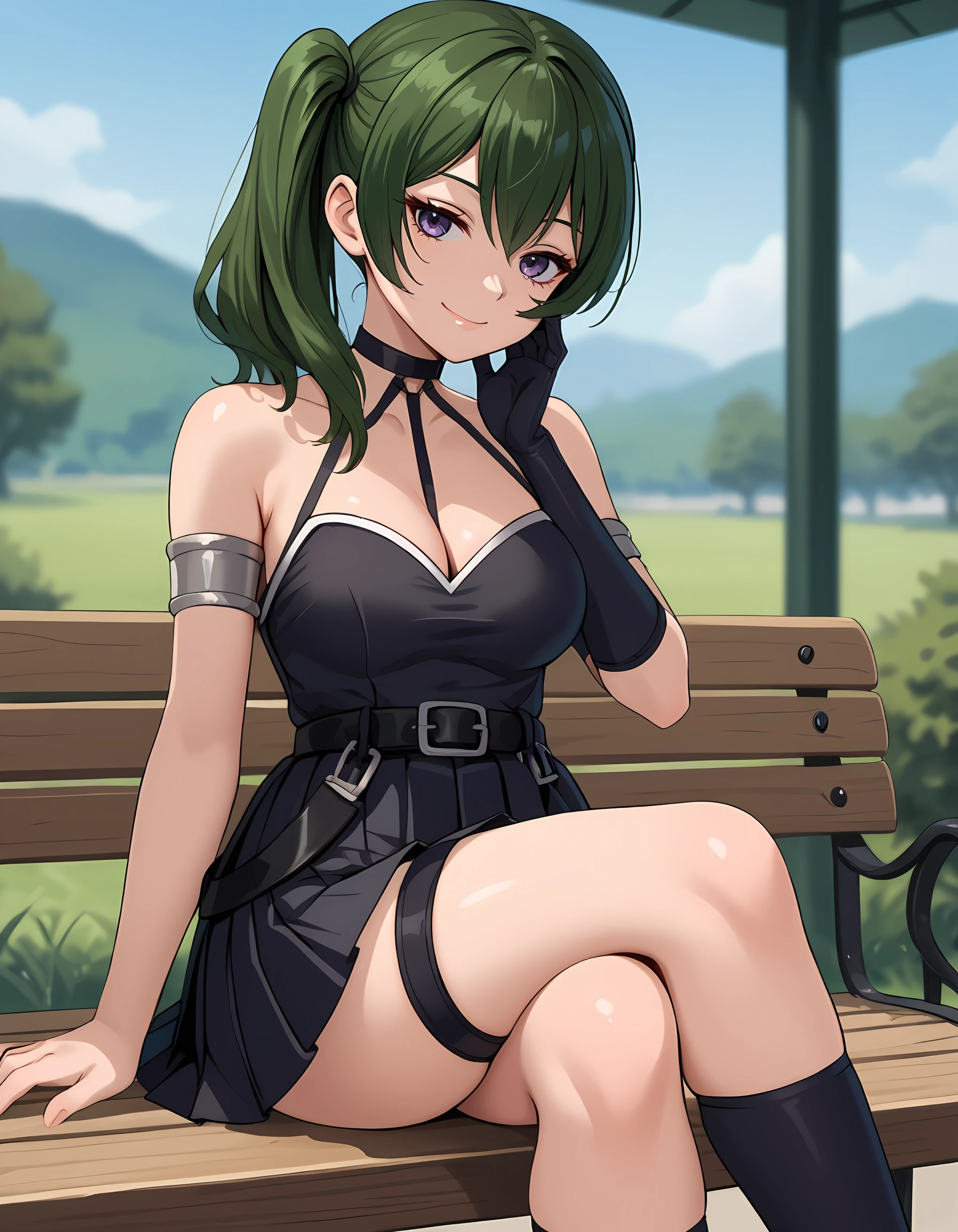 <lora:Ubel:1>ub3l, 1girl, sitting, crossed legs, black gloves, single glove, smile, outdoors, bench, thigh strap, looking at viewer, black skirt, bare shoulders, breasts, black socks, black dress, closed mouth, blurry background, belt, cleavage, arm strap, thighs, sleeveless, feet out of frame, pleated skirt, choker, holding, kneehighs, hand on own face, depth of field, armlet