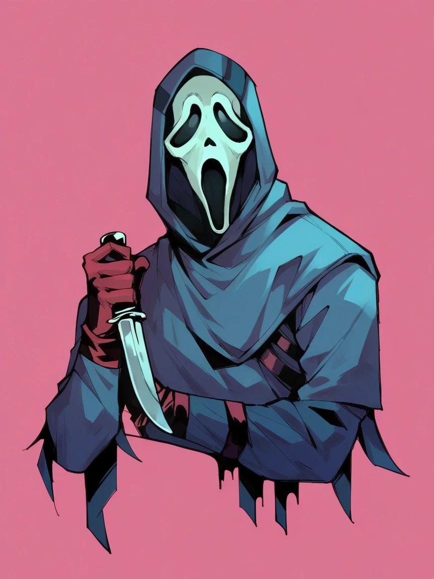 score_9, score_8_up, score_7_up, score_6_up, score_5_up,  <lora:GhostfaceXLP:1> ghostface, mask, solo, 1boy, hood, gloves, holding knife, pink background