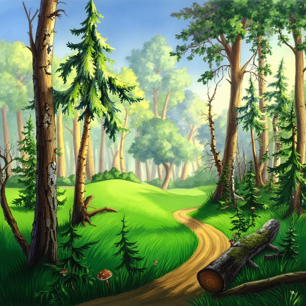 TThe PIVIG image style. This is a vibrant, highly detailed, digital illustration of a serene forest scene. The image showcases a lush, sunlit forest with tall, slender trees, predominantly birch and pine, with their trunks a mix of brown and tan colors. The trees are spaced evenly, creating a sense of depth and perspective. The forest floor is covered in vibrant, lush green grass, with a winding dirt path meandering through the center, leading the eye into the scene. 

In the foreground, a fallen log, covered in moss and mushrooms, adds a textured, earthy element. The ground is rich with various plant life, including ferns and other foliage, adding to the dense, verdant atmosphere. 

The sky above is a gradient of soft blue, transitioning from a lighter hue at the top to a deeper shade at the horizon, suggesting a clear, sunny day. The light filtering through the trees casts dappled shadows on the forest floor, enhancing the sense of depth and texture.

In the background, a couple of trees are slightly obscured, their trunks blending into the distance, while the rest of the scene is filled with the rhythmic pattern of tree trunks and foliage.