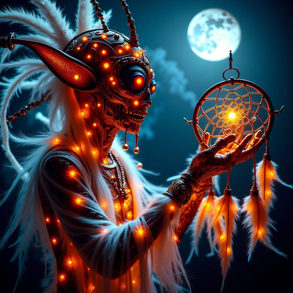 <lora:HalloweenGlowStyleFlux:1>HalloweenGlowStyle orange themed Futuristic alien entity, mysterious being, ancient astronaut, floating, holding, Dreamcatcher, glowing, intricate, feathers, beads, glistening, night scene, moonlit sky, blue hues, silver accents, mystical, surreal, detailed, vibrant, otherworldly, dreamlike, dark background, contrast, sharp focus, captivating, visually stunning