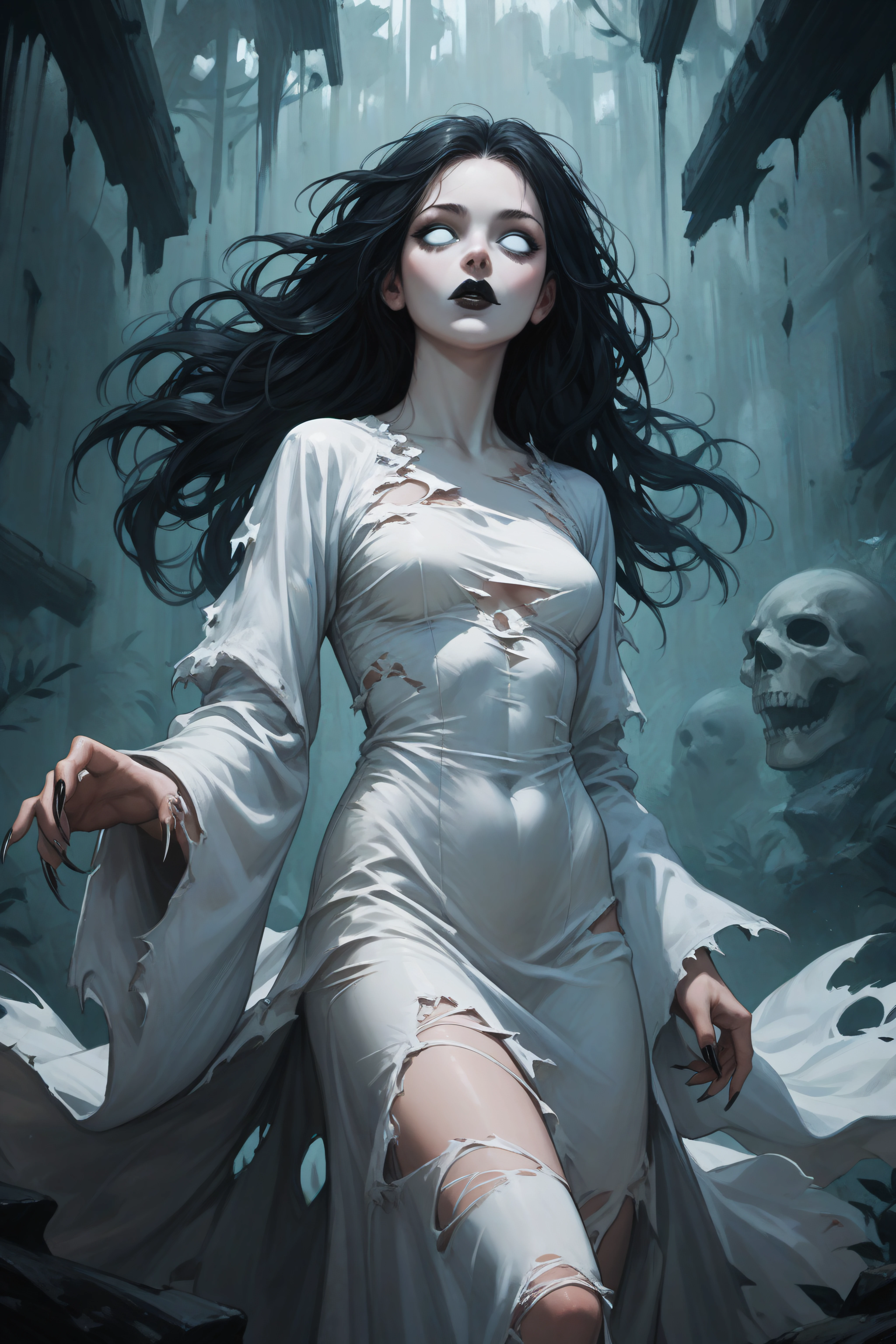 Lady Death sits relaxed under a bare tree, smiling darkly as she puffs on an intricately carved bone pipe. Swirls of smoke rise up, slowly enveloping her in a hazy shroud. Her pale skin and raven-black hair blend into the mist, so only her ominous grin is visible, icy blue eyes gleaming malevolently. The smoke takes sinister shapes, forming skulls, scythes and slithering serpents that circle around Lady Death's head before dissipating into the bleak gray sky. Though immersed in her own world, Lady Death radiates an aura of grim tranquility.

In the foreground, Lady Death sits with legs crossed under the skeletal tree, leaning casually against the barkless trunk. Her black armor and tattered cape drape around her lithe body. In her claw-like hand she holds the carved pipe, its bowl emitting steady smoke that rises in tendrils. Lady Death's eyes are closed lightly, face peaceful yet darkly satisfied.

As the smoke dances, it transforms into macabre symbols around her. A serpent coils left, a scythe slashes right, a skull looms overhead. The smoke swirls higher into the gloomy sky, forms blending into haze. Faint light filters through twisted branches, illuminating Lady Death's malevolent face. Though enveloped in smoke, she emanates morbidity and contentment, lost in her own grim world.