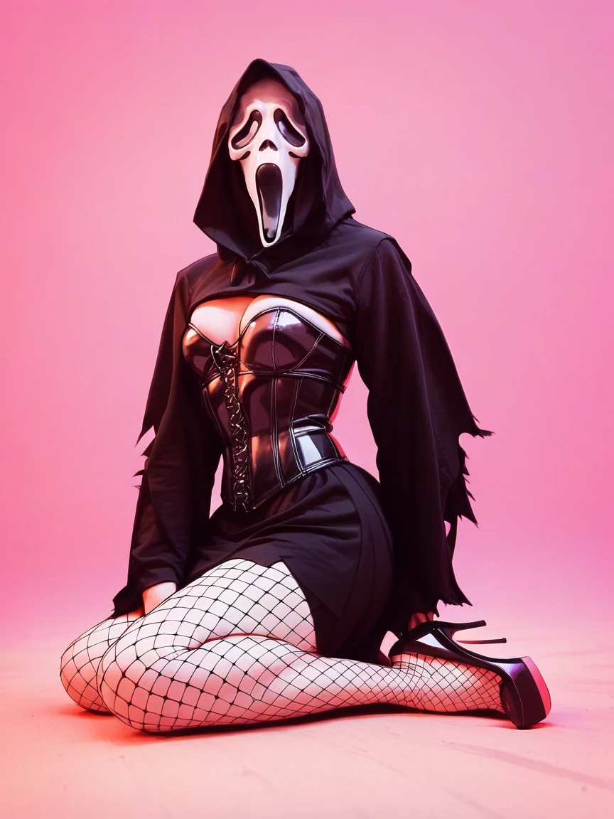 score_9, score_8_up, score_7_up, score_6_up, score_5_up,  <lora:GhostfaceXLP:1> ghostface, mask, solo, hood, 1girl, fishnet pantyhose, high heels, corset, pink background,