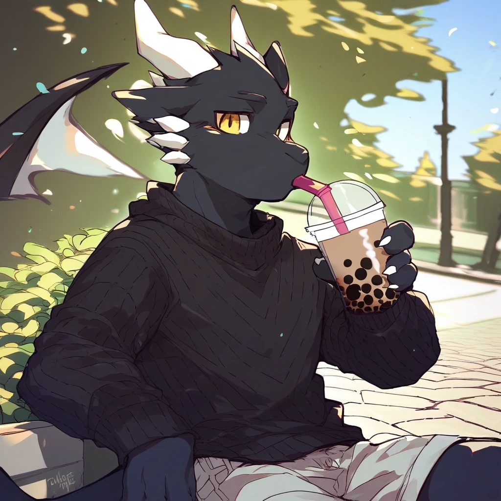 score_9_up, score_8_up, score_7_up, source_furry, mikus-style, black dragon, black body, white horns, yellow eyes, park, holding, bubble tea, black sweater, gray shorts, 1boy, solo