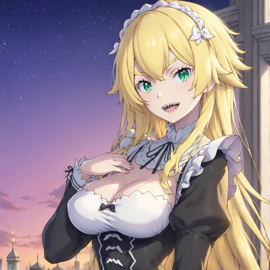 <lora:Frederica:1>, frederica, pale gold hair, green eyes, has a muscular build, a mouth, sharp fangs, maid outfit, large breasts, black shoes, cute face, long hair, solo, in a city, full body, looking at viewer, close up