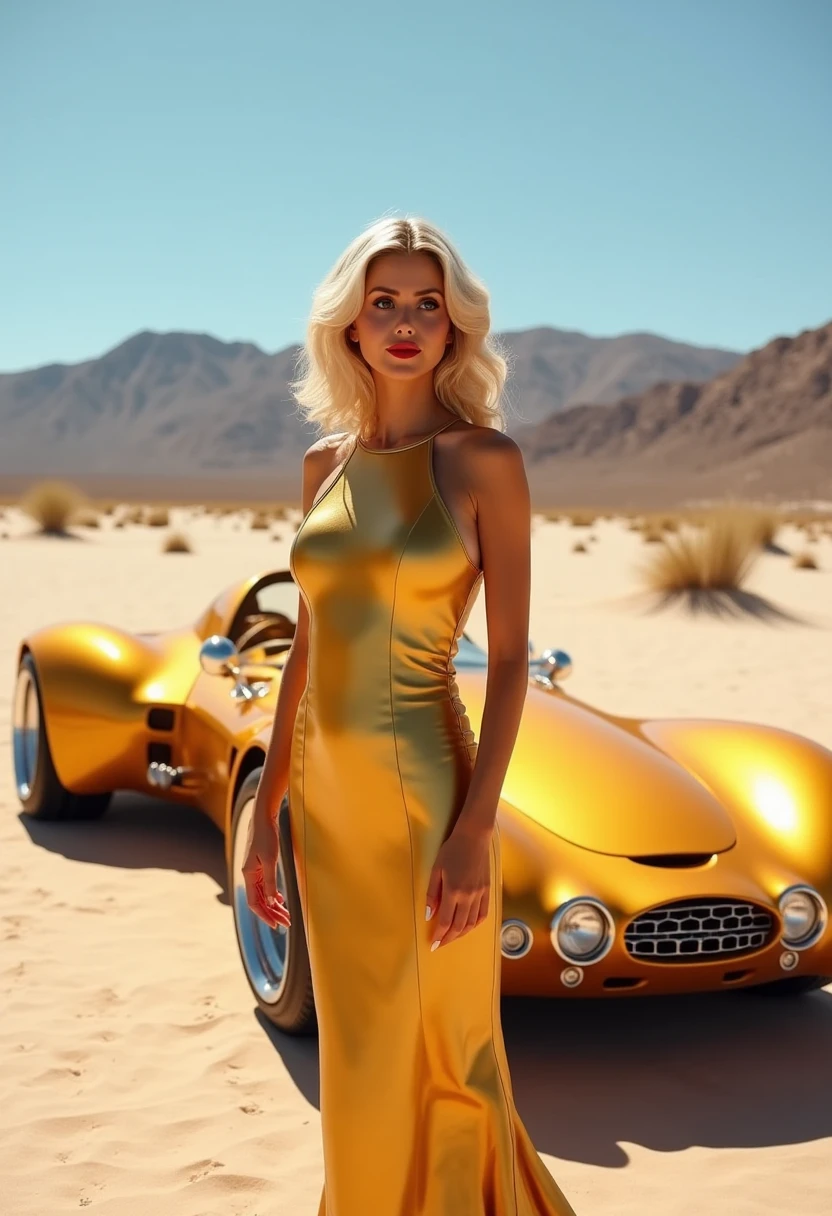 The image is a high-resolution photograph with a futuristic, high-fashion aesthetic. The setting is a barren desert landscape with a clear, blue sky and distant, rugged mountain ranges. Dominating the foreground is a strikingly elegant woman with a classic, old Hollywood glamour. She has wavy, blonde hair and is wearing a form-fitting, metallic gold gown that accentuates her slender figure. The dress features a high and rounded neckline and a sleek, smooth texture that reflects the light, creating a shimmering effect. Her makeup is bold, with bright red lipstick and subtle eyeshadow.

To the left of the woman, positioned slightly behind her, is a futuristic, gold-colored car with sleek, aerodynamic lines and a glossy finish. The car's design is reminiscent of a classic, vintage automobile with modern, futuristic elements. The vehicle's headlights are prominently visible, and the front grille has a distinctive pattern. The overall color palette of the scene is dominated by the gold of the woman's dress and the car, set against the arid desert environment.

The photograph is rich in texture and detail, capturing the luxurious and futuristic elements of the scene. M4RL1