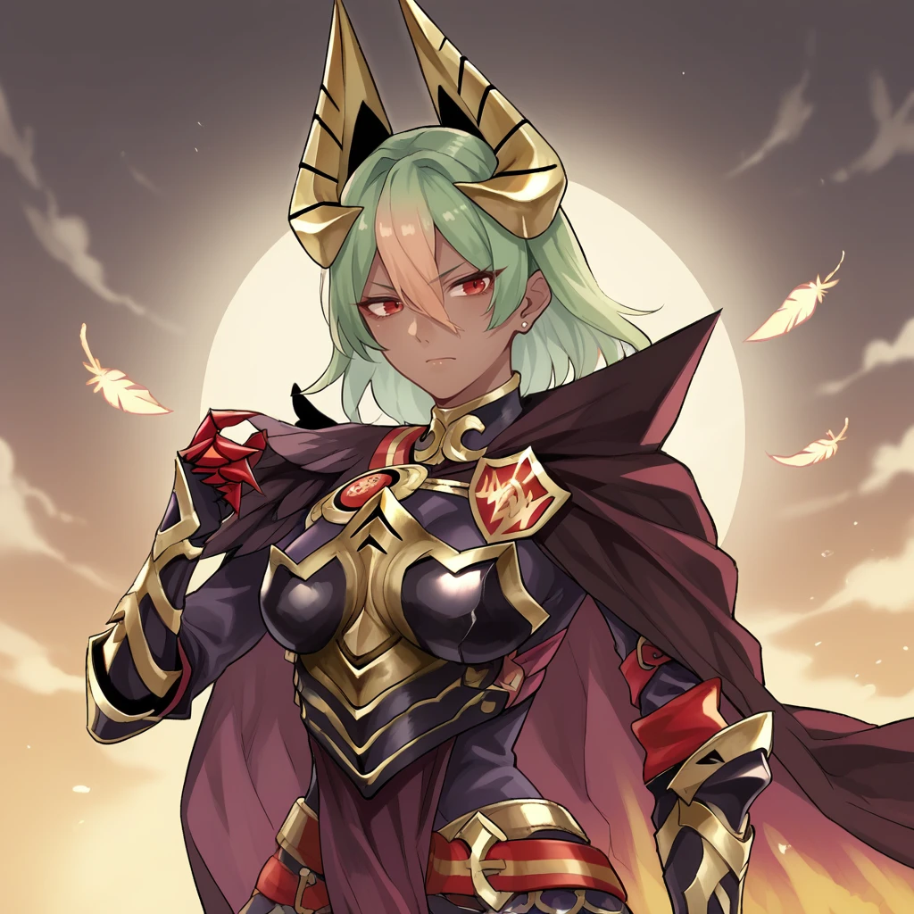 score_9, score_8_up, score_7_up, score_6_up, score_5_up, score_4_up, zPDXL2,source_anime,rating_questionable,1girl, solo, <lora:laegjarn_fire_emblem:0.8>Laegjarn_FE, green hair,  gradient hair, hair between eyes, dark-skinned female, red eyes,  armor, armored boots, gauntlets, cape, breastplate, earrings, feather trim, horns, hair ornament,