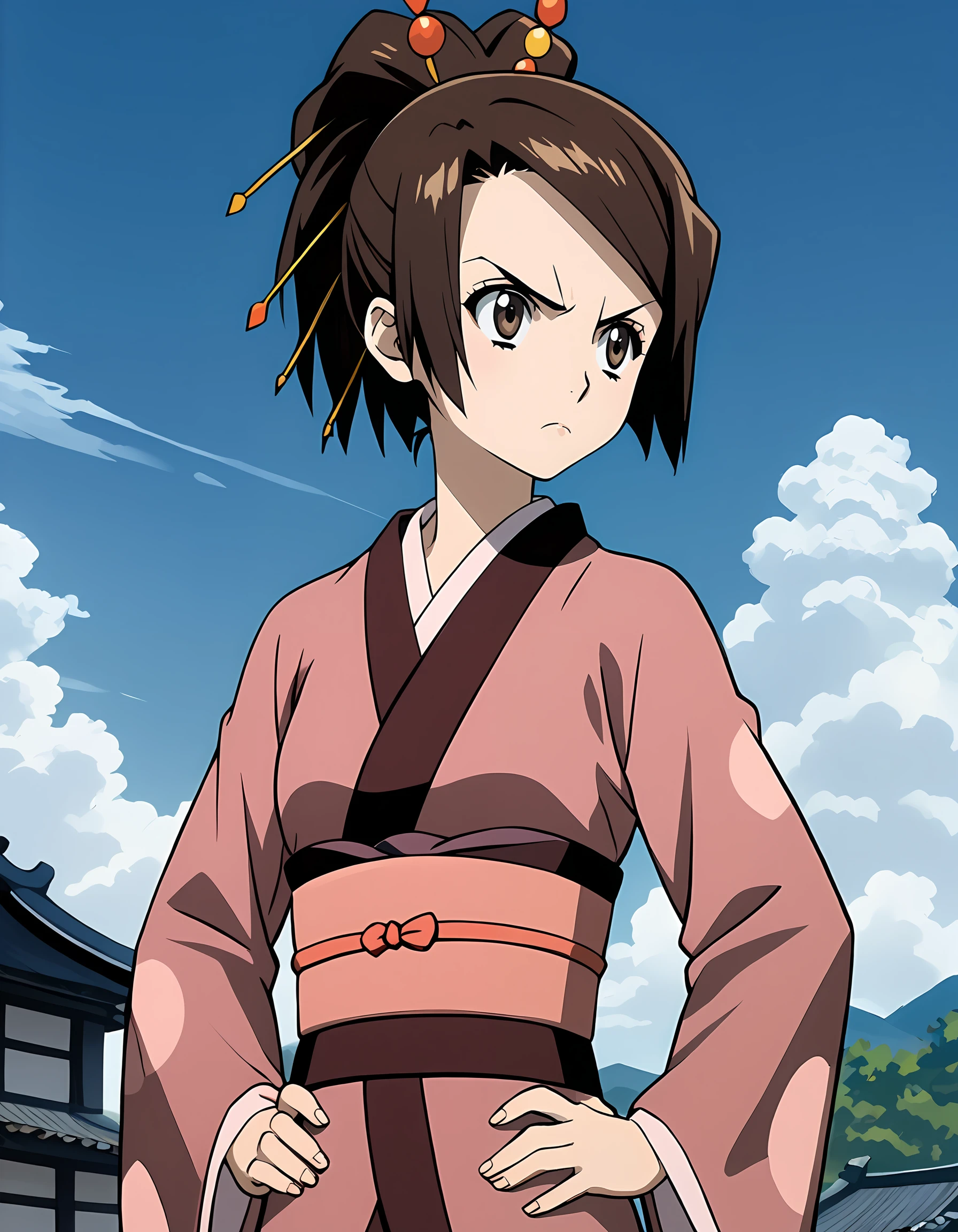 <lora:Fuu Samurai Shamploo:1> Fuu, 1girl, japanese clothes, kimono, hair ornament, blue sky, cloud, day, short hair, hands on own hips, sash, frown, upper body, outdoors, hair stick, obi