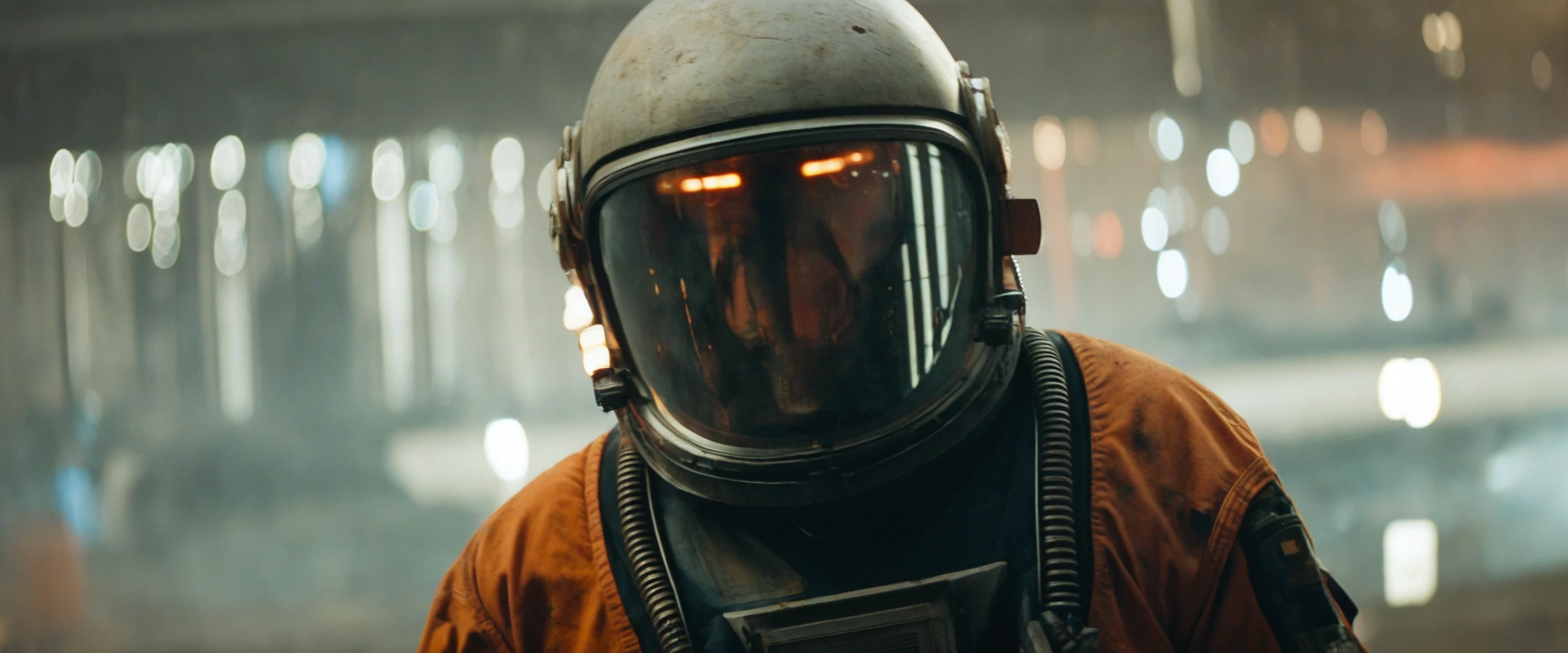 Analog photo, medium close-up photo of man in protective space suit, rugged space trucker, standing, working hard, exhausted, (Space suit:1.3),  on deck of industrial spaceship, futuristic science fiction hover-vehicle, hunting vessel, action scene, intricate detailed textures, filmic, cinematic, grime, filth, streaks, industrial space vehicle with no canopy,  fog, haze. warm sunset, in red clouds,  long lens, telephoto lens, 150mm lens, blade runner, film grain (oil-rig worker, roughneck:0.2), (science fiction, dirty uniform, weathered bulky heavy-duty orange protective-suit) (bokeh:1.4) 