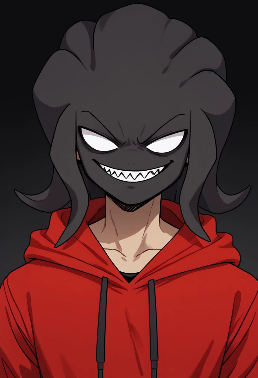 Agoti, Male, White eyes, no Pupils, sharp teeth, tentacle hair, Monster, red hoodie, portrait