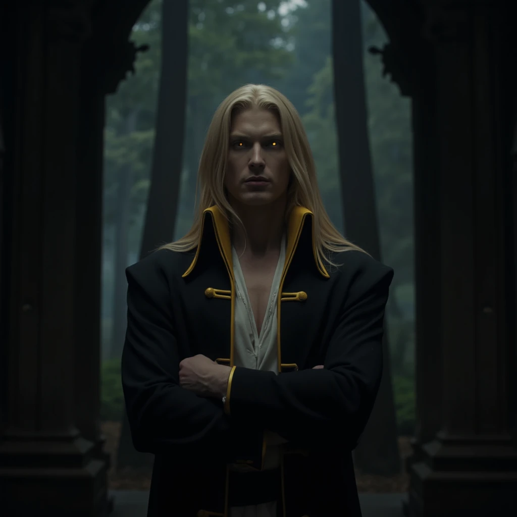 film scene from Denis Villeneuve. Cinematography. Moody forest atmosphere. Alucard stands tall with his arms crossed and with his long blonde hair, his sharp gaze focused forward. His golden-trimmed black coat with yellow collars drapes elegantly over the white drawstring tunic beneath, highlighting his poised, confident stance. The deep shadows from the gothic surroundings create an ominous atmosphere, with subtle details of the architecture looming in the background, adding to the intensity of the moment. His yellow eyes gleam. <lora:alucard_v1:1.4>