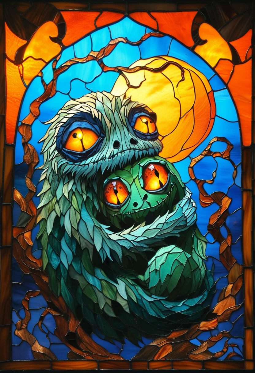 stained glass windows style cute and cuddle monsters 