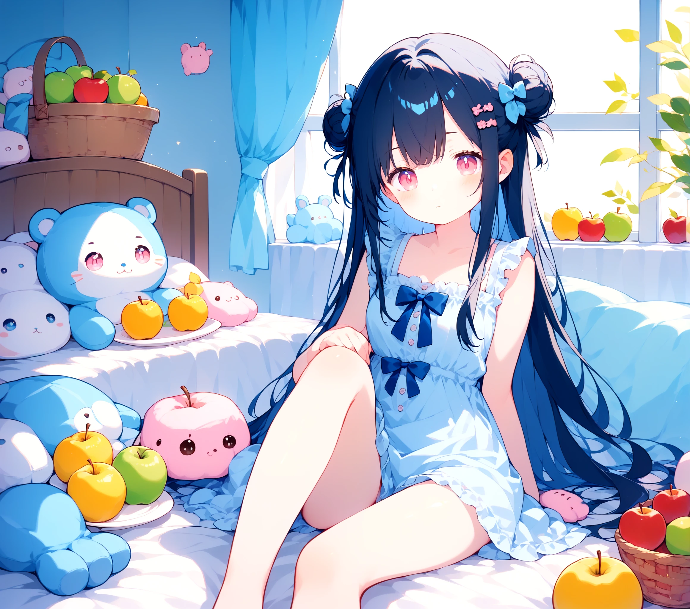 <lora:Gouache_SDXL_v2:1>, woman, pastel colors, Gouache, (thick_outlines:-0.9), teddy bear and a basket, solo, long_hair, breasts, black_hair, hair_ornament, sitting, very_long_hair, closed_mouth, blue_hair, hair_ribbon, hair_bow, sidelocks, frills, hairclip, pink_eyes, hair_bun, window, fruit, feet_out_of_frame, cameltoe, bed_sheet, arm_support, on_bed, blue_bow, stuffed_toy, sunlight, single_hair_bun, stuffed_animal, plant, plate, apple, denim pants, basket, print_dress