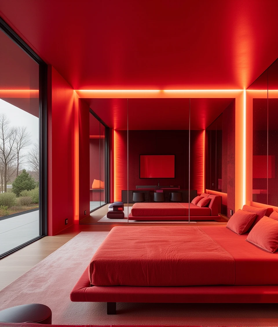 redinsidebylaushine,reflection,super wide and dutch angle of a high ceiling bed-room,with modern bed,in the center