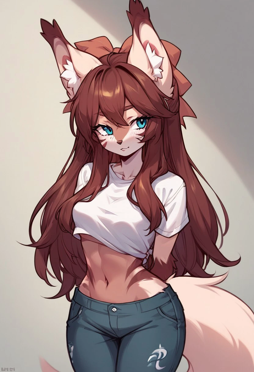 Pink wolf furry, pink meduim hair,(big furry breasts1.7), (furry:1.7), (blush:1.7), (furry Body1.7) black tank top, jeans, (blush:1,7), inside home, pink fur,