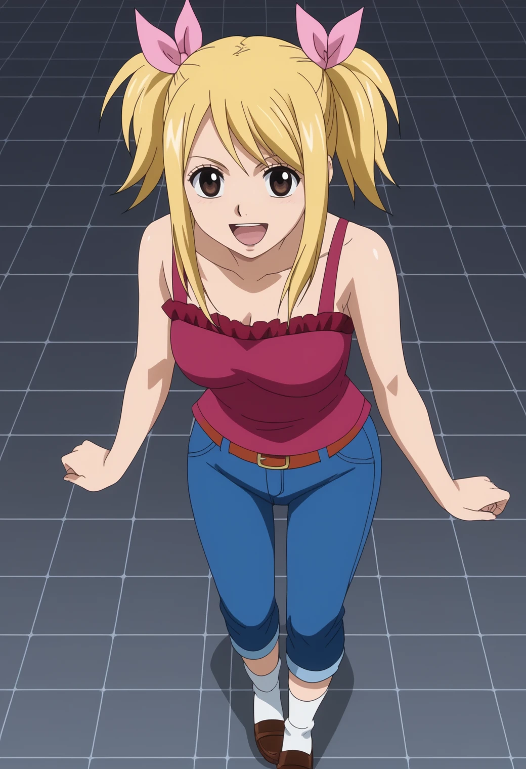 score_9, score_8_up, score_7_up, anime screencap, BREAK, 1girl, solo,   <lora:DX888Lucy:1> lucy heartfilia, brown eyes, twintails, BREAK dark gray background, simple background, grid background,  happy, ^o^, open mouth, xd, Bow Flats, Scalloped Ankle Socks, Gingham Pants, Ruffle-neck Top