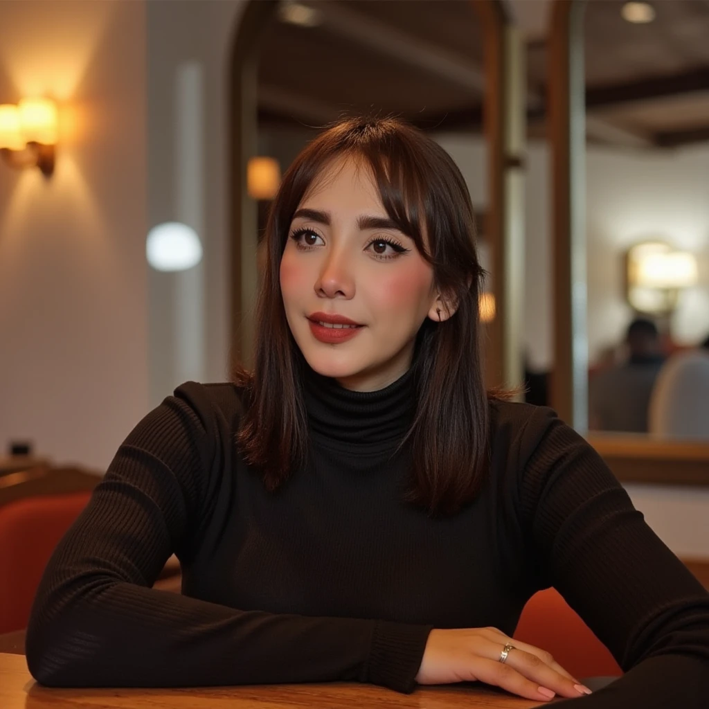 1girl, realistic 4k face portrait of mumusi wearing turtle neck dress, sitting at a cafe looking at viewer