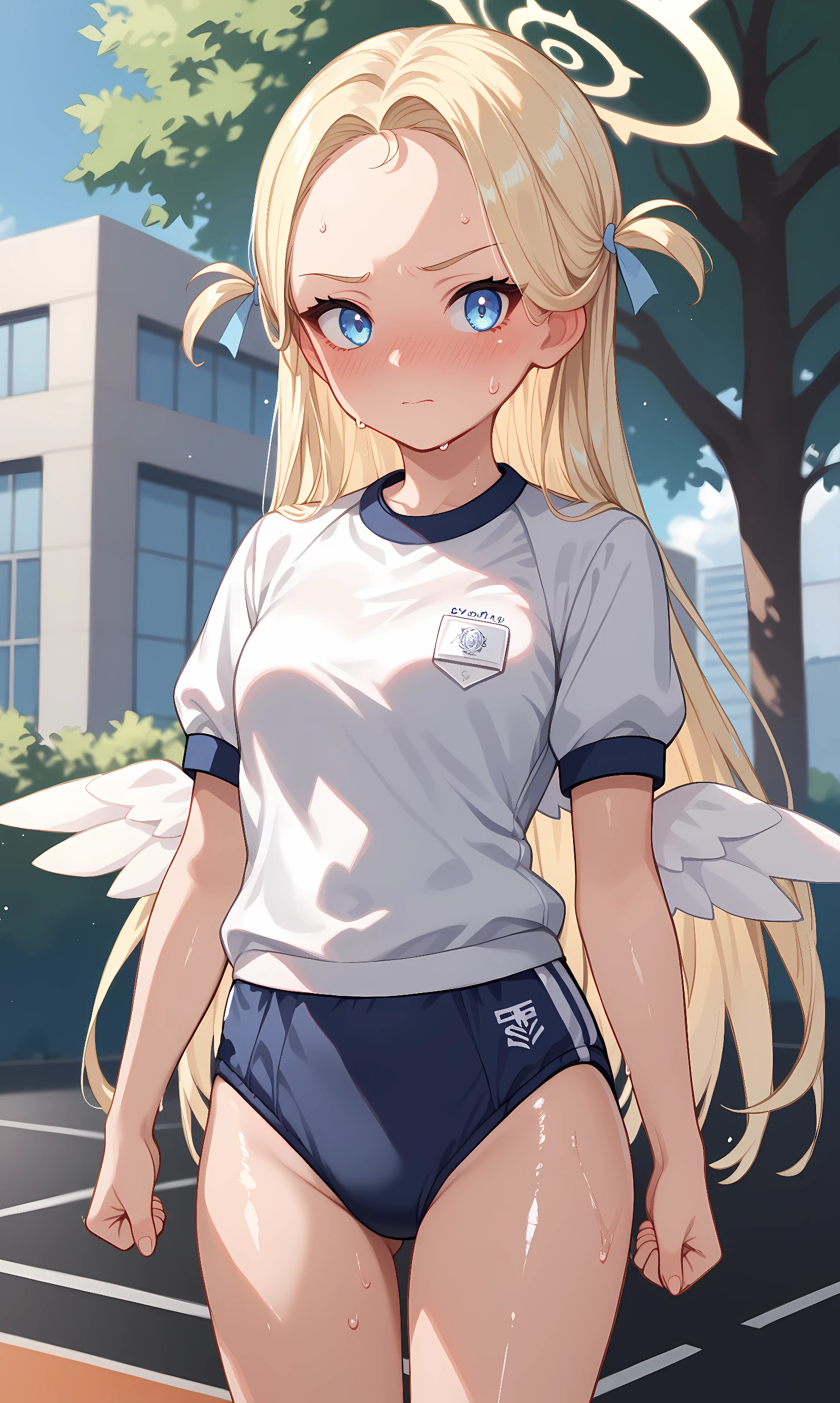 score_9, score_8_up, score_7_up, source_anime, 1girl, solo, outdoors, park, cowboy shot, standing, looking at viewer, shiny skin, sora, blue eyes, blonde hair, two side up, long hair, halo, mini wings, white wings, low wings, white shirt, short sleeves, gym uniform, buruma, sweat, nose blush