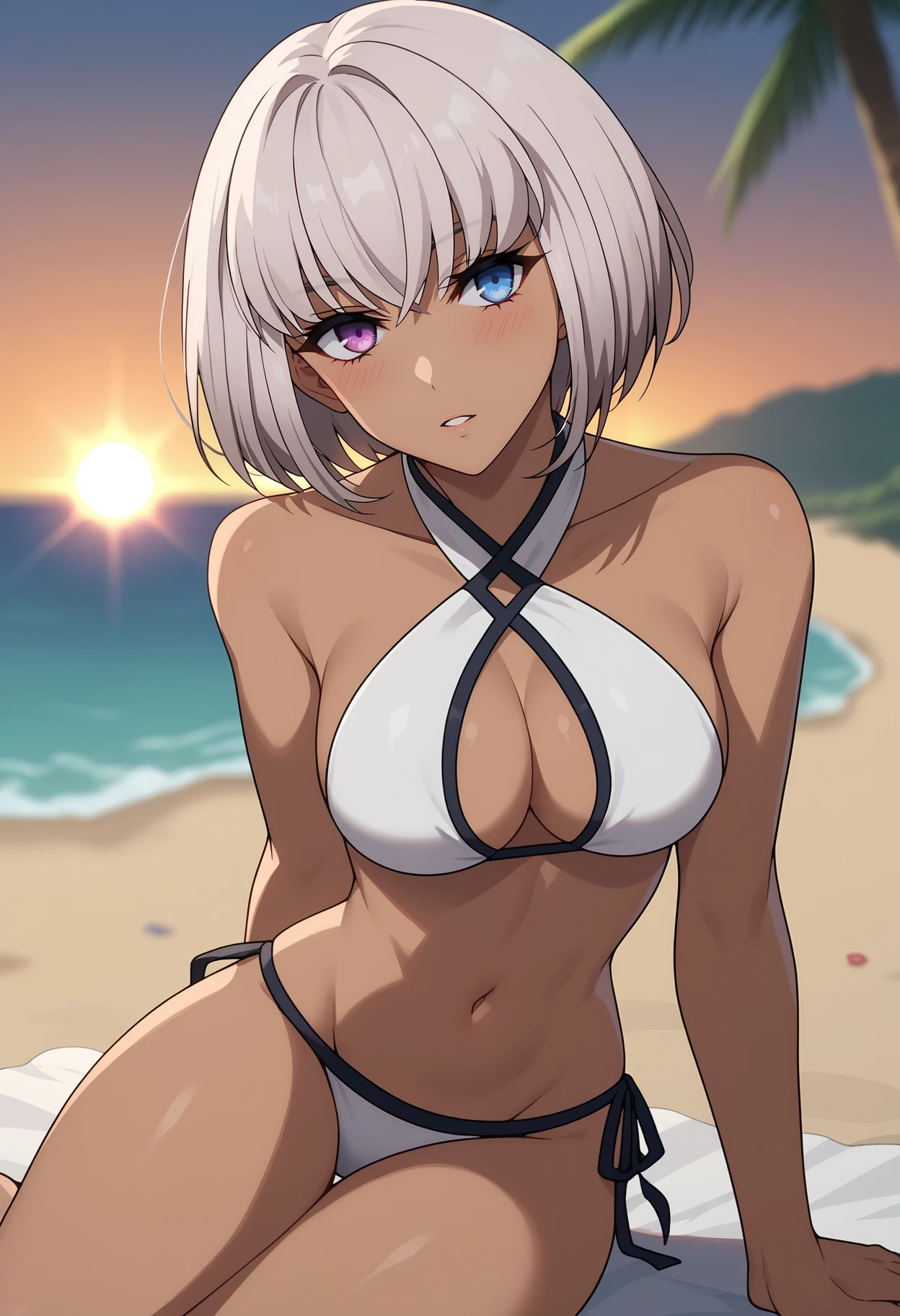 score_9, score_8_up,
<lora:SaikyouNoShienshokuWajutsushi_AlmaJudikhaliXL:0.9>, AlmaJudikhali,
1girl, solo, parted lips, blush, head tilt,
dark skin, short hair, bob cut, grey hair, heterochromia, blue eyes, purple eyes,
white bikini, criss-cross halter, medium breasts, cleavage, side-tie bikini bottom,
thighs, sitting, looking at viewer,
sunset, blurry background, lens flare, beach, horizon, palm tree